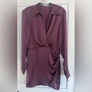 ZARA Eggplant Satin Long Sleeve Collared Minidress